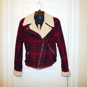 NWT American Eagle Plaid Moto Sherpa Zipper Jacket XS